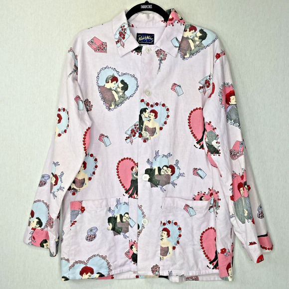 Nick & Nora I Love Lucy Pajama Top Womens Size Medium Flannel Purple Hearts - Picture 1 of 12